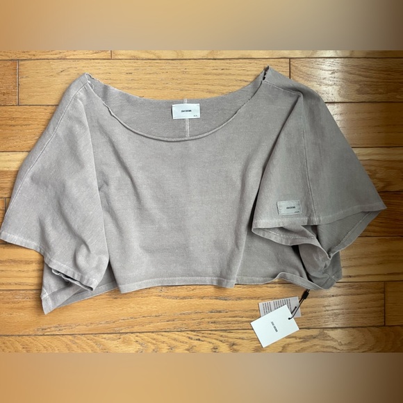 JOAH BROWN OFF SHOULDER CROP TEE SANDSTONE BEIGE COTTON SLOUCHY XS/S NWT - Picture 3 of 7